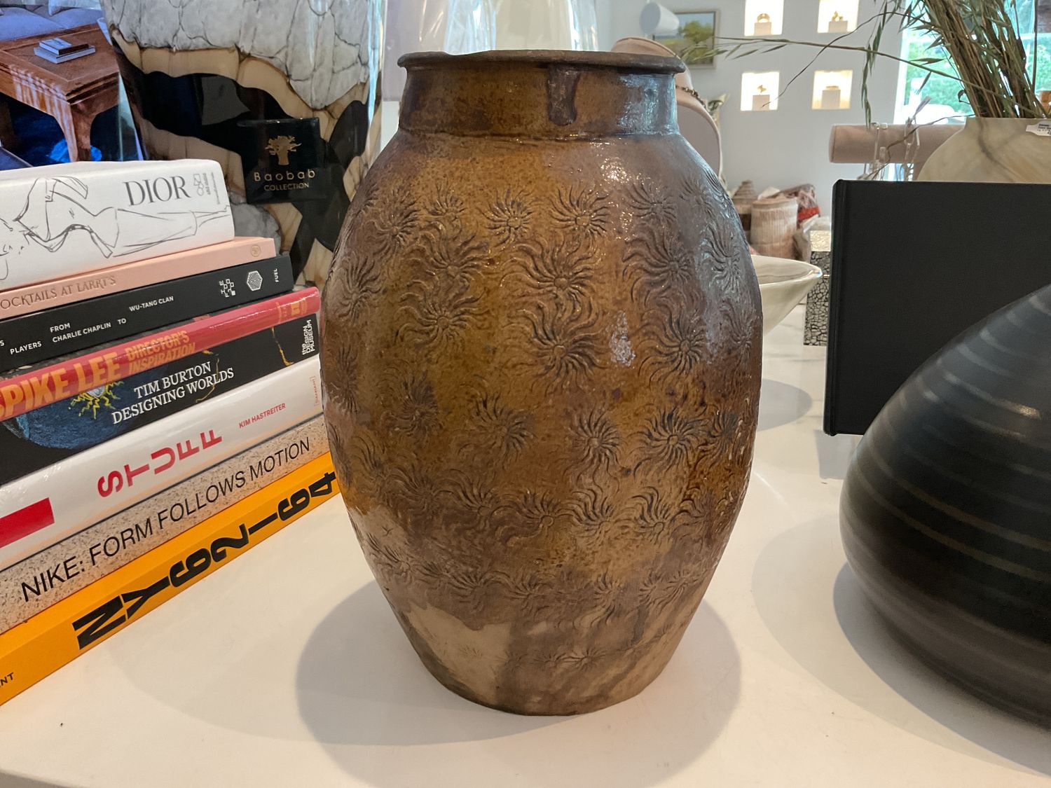 Vtg Brown Glazed Ceramic Jar W/ Textured Design 11.25&quot;
