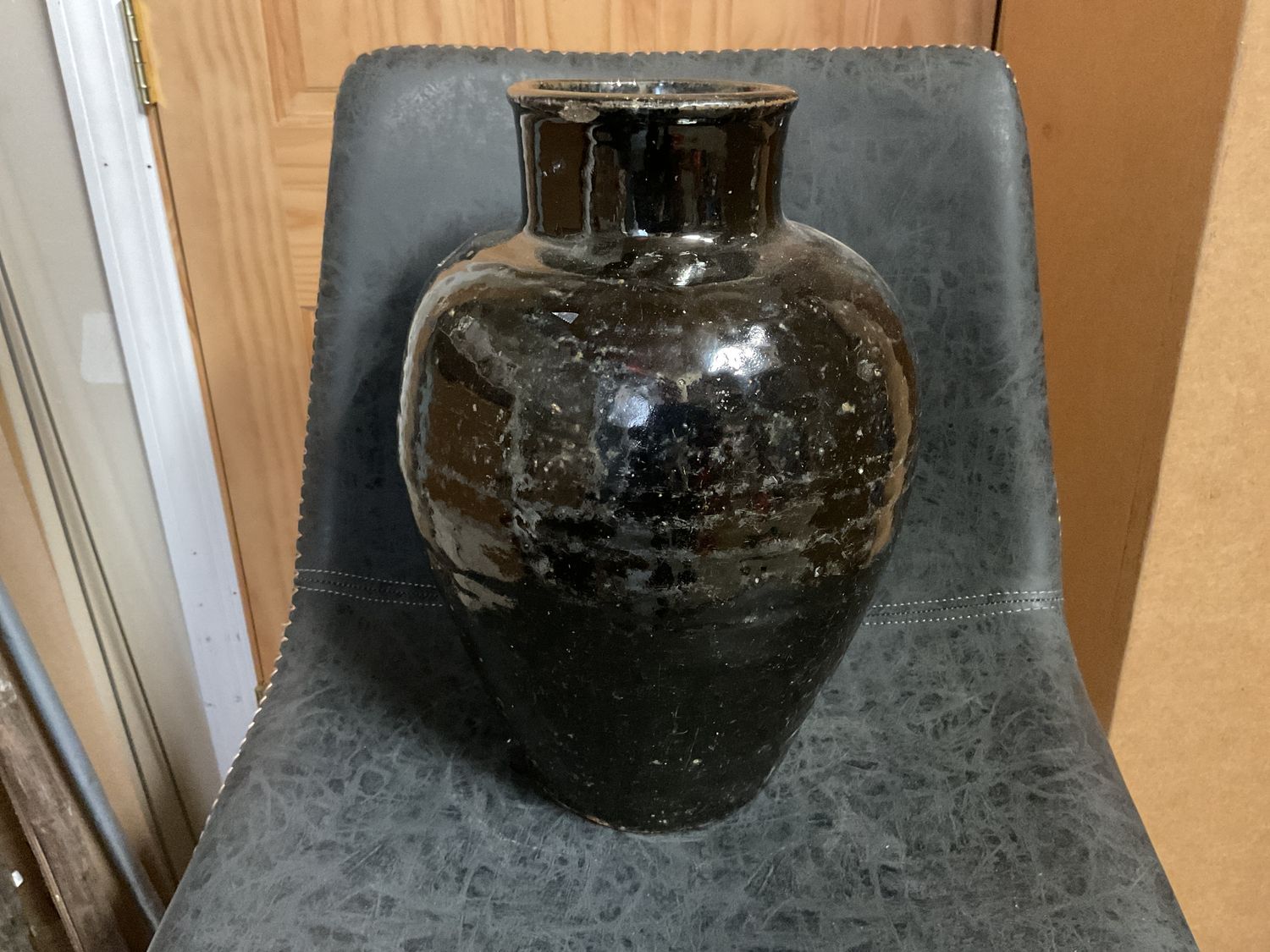 Black Glazed c.1940’s Food Jar Vase 14”