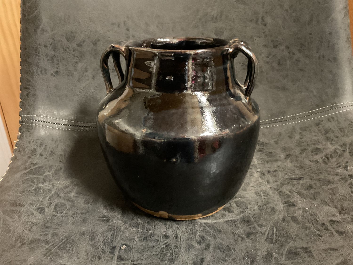 Black Glazed 1940’s Asian Food Jar w/ Handles 6”