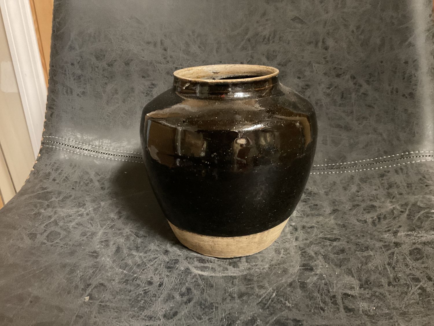 Vintage Asian Black Glazed Food Jar Vase 6.5”