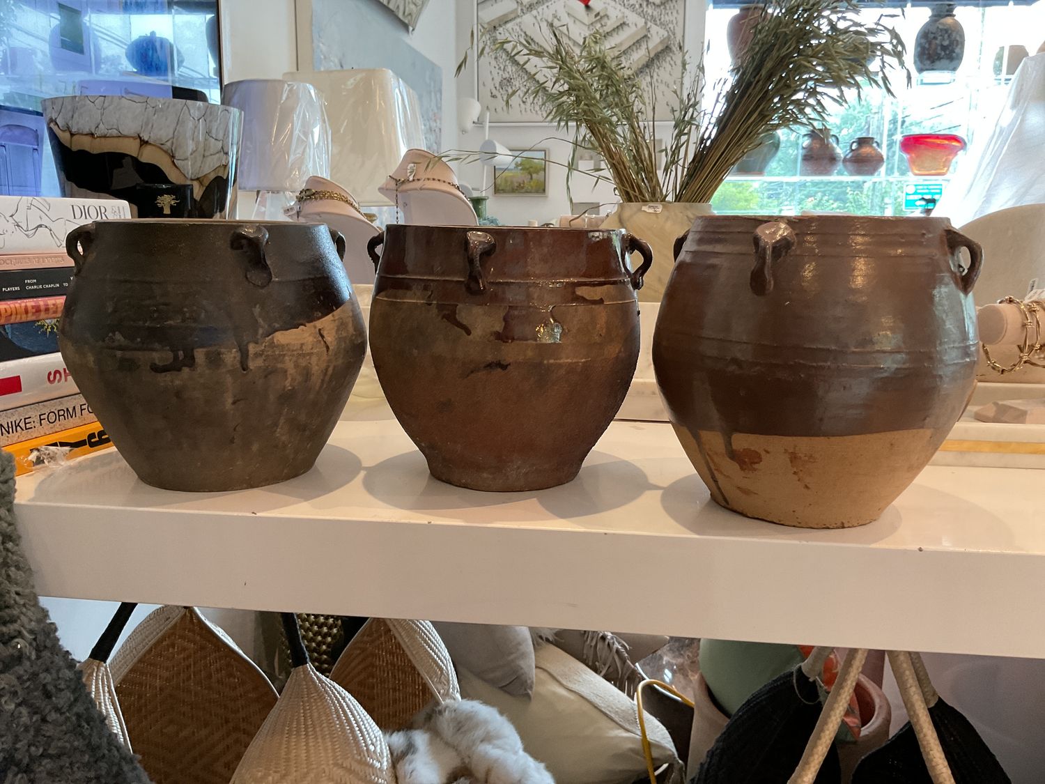 Half &amp; Half Glazed Pot w/Handles Vtg Asian Varied