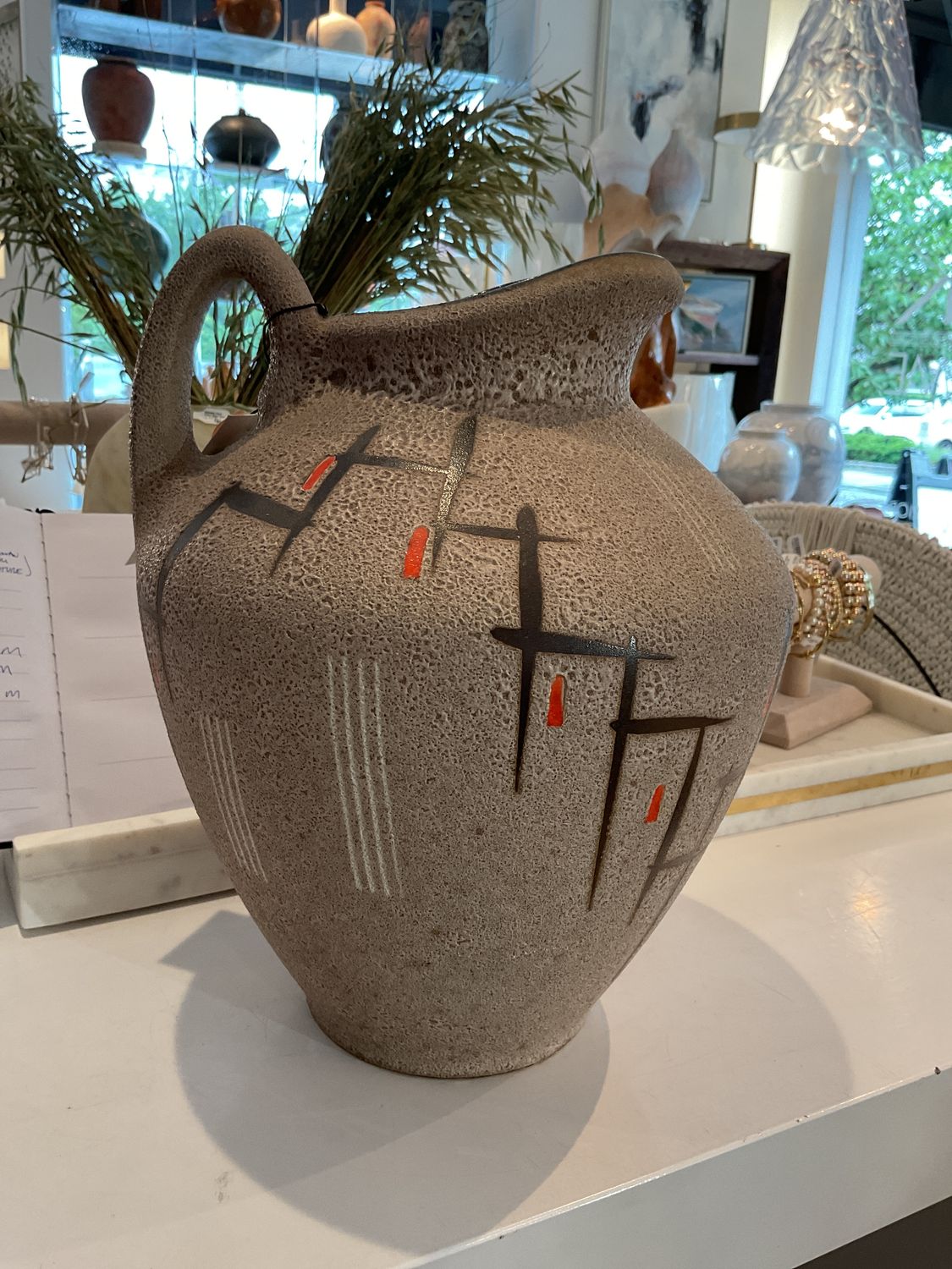 Ceramic Pitcher, 13&quot; H, Orange Accent