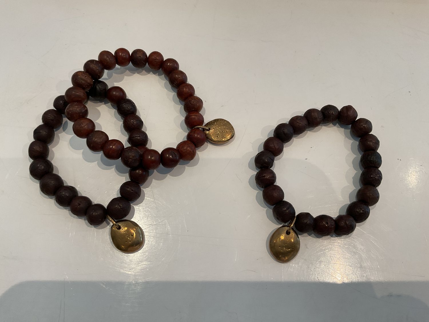 Wooden Bead Bracelet, Bronze Amulet