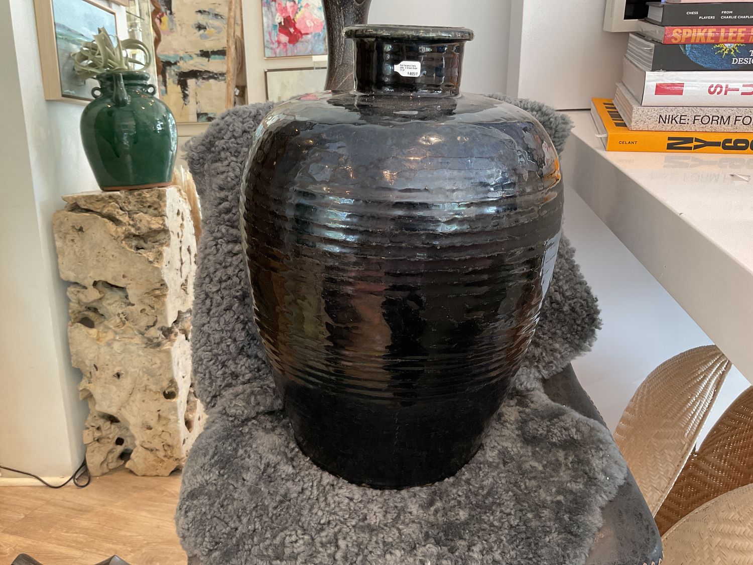 Pot Ceramic Early 20th. C Black Glaze 17.5&quot;
