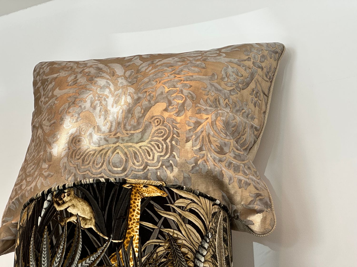 Pillow, Fortuny Fabric, 22&quot; Taupe Metallic Damask, feather down inserts, 2 Available