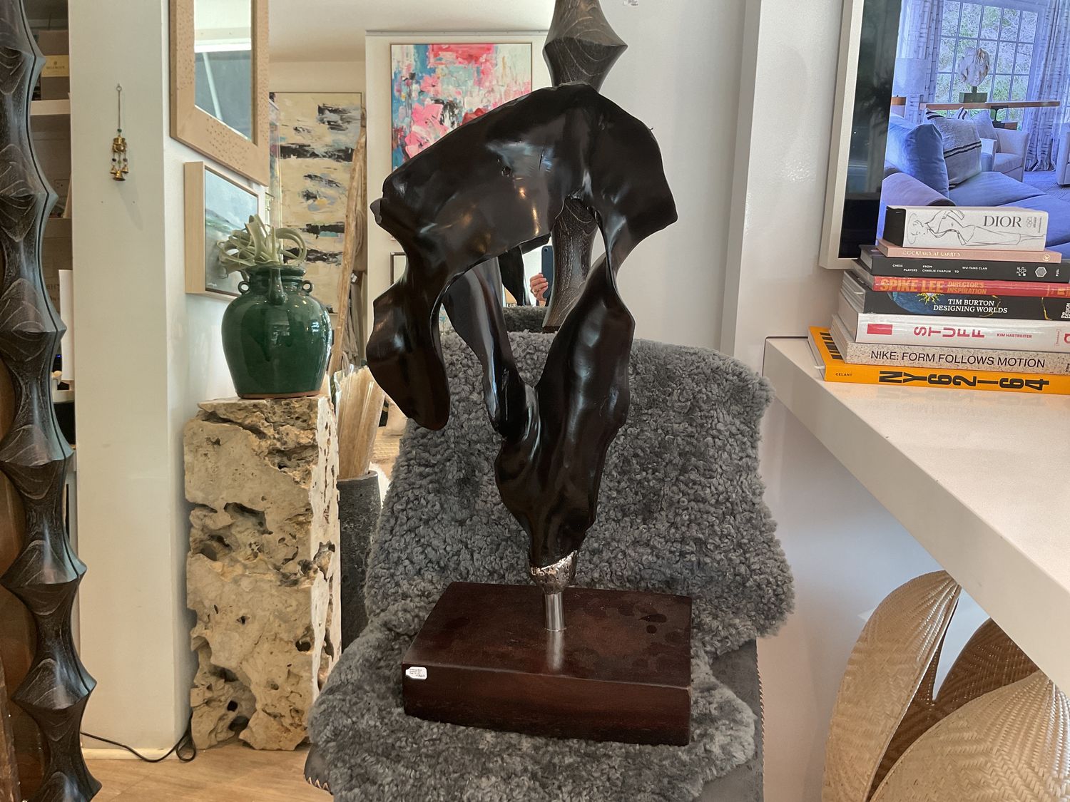 Metallurgy Wood Sculpture, Iron Base, 12 x 8 x 24&quot;h