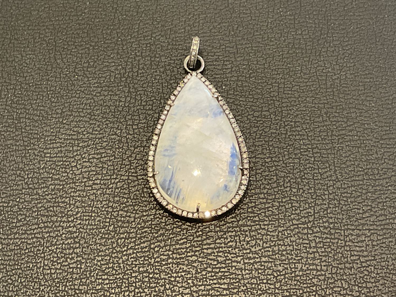 Rainbow Moonstone Pendant with Diamonds in Blackened Sterling Silver
