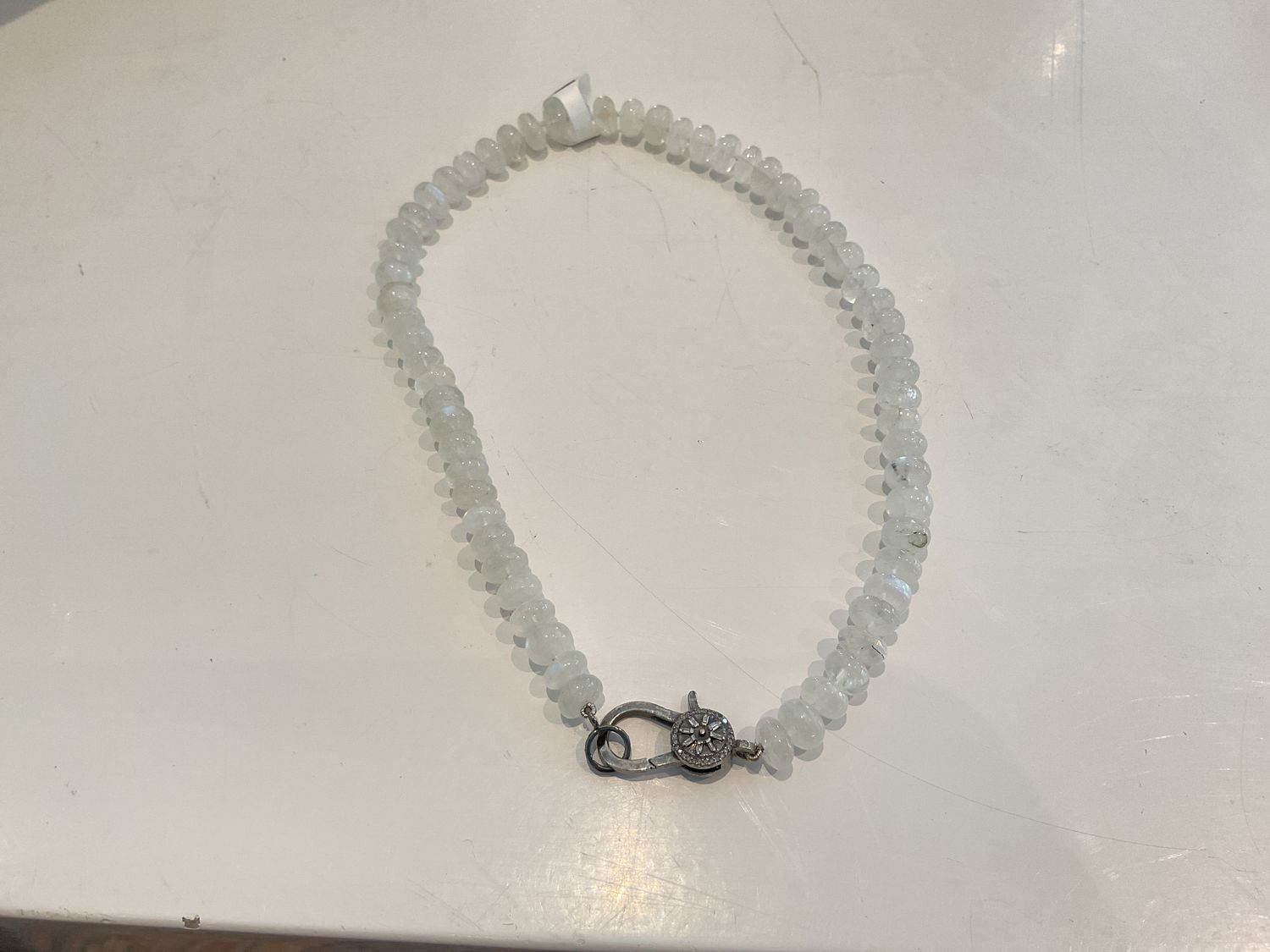 Rainbow Moonstone Necklace With Diamond Lobster Claw Clasp, 15&quot;