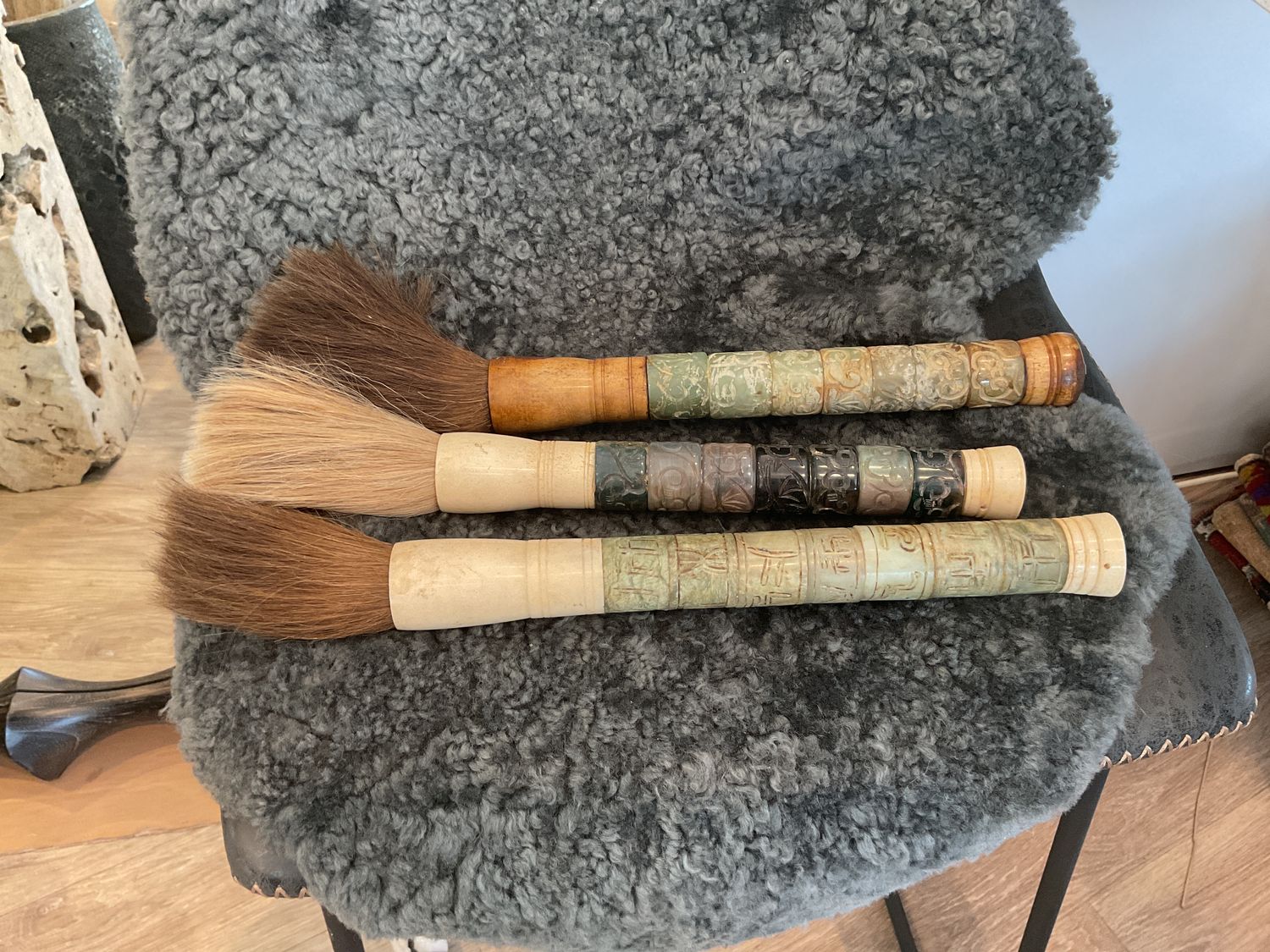 Calligraphy Brush Hand Cut Jade Stone Sheep or Goat Bristles Lg