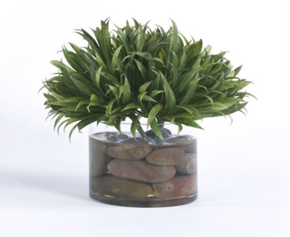 Small Grass Pom in Glass Bowl with Rocks, 8&quot;H x 9&quot;W, Faux
