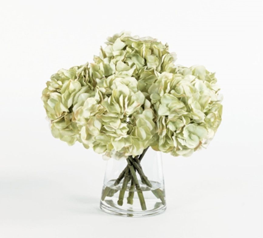Green Hydrangea in Glass Vase with Water, 15&quot;H x 15&quot;W x 15&quot;D, Faux