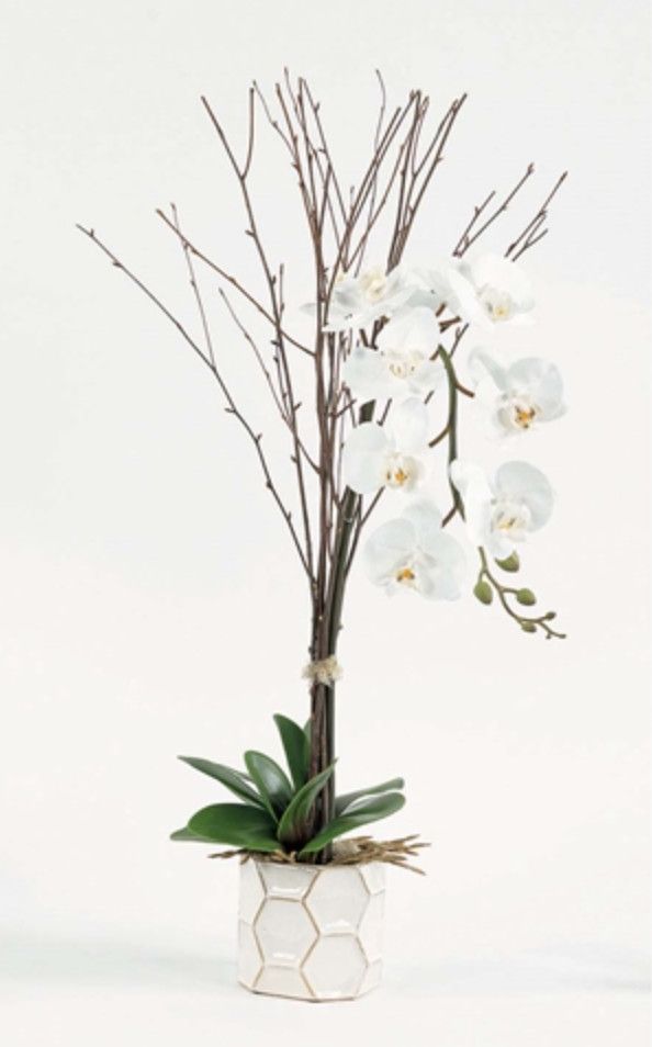 White Orchids in White Hexagonal Vase, 33&quot;H x 16&quot;W x 10&quot;D, Faux