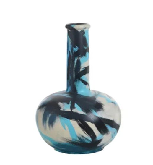 Vase, Kelly O&#39;Neal Hand Painted Blk/Turq, Long Neck, Abstract III on Ceramic