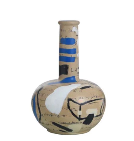 Vase, Kelly O&#39;Neal Hand Painted Multi, Blue Stripes Long Neck, Abstract I on Ceramic
