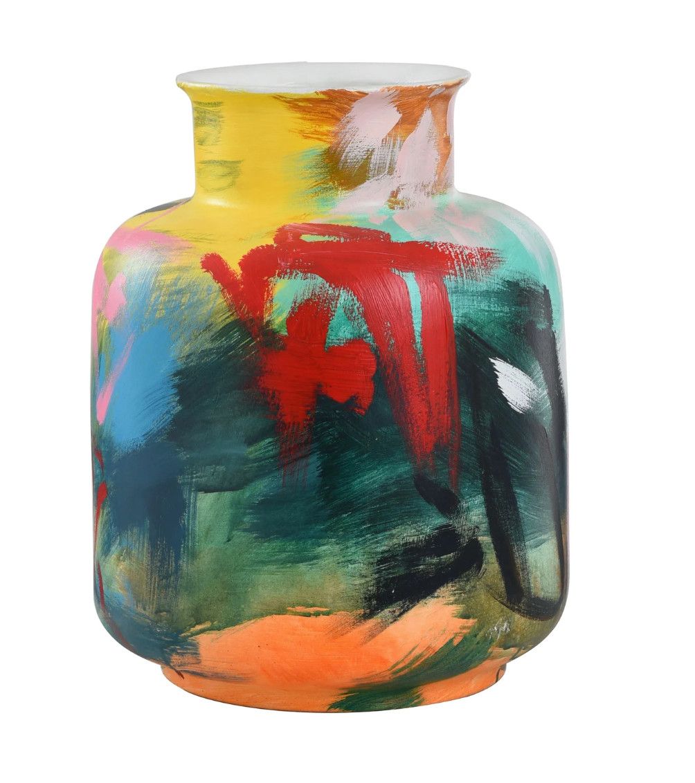 Vase, Kelly O&#39;neal Hand Painted Abstract, Multi Jewel Tones,  II, Large Mouth