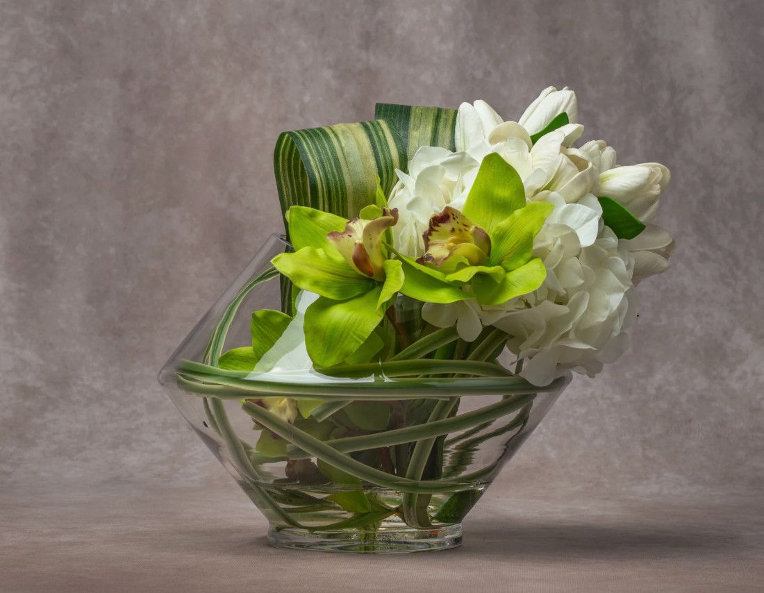 Bouquet of Hydrangeas, Orchids &amp; Tulips, 7&quot;L x 12&quot;W x 9.75&quot;H, Angled Glass Vase with Water