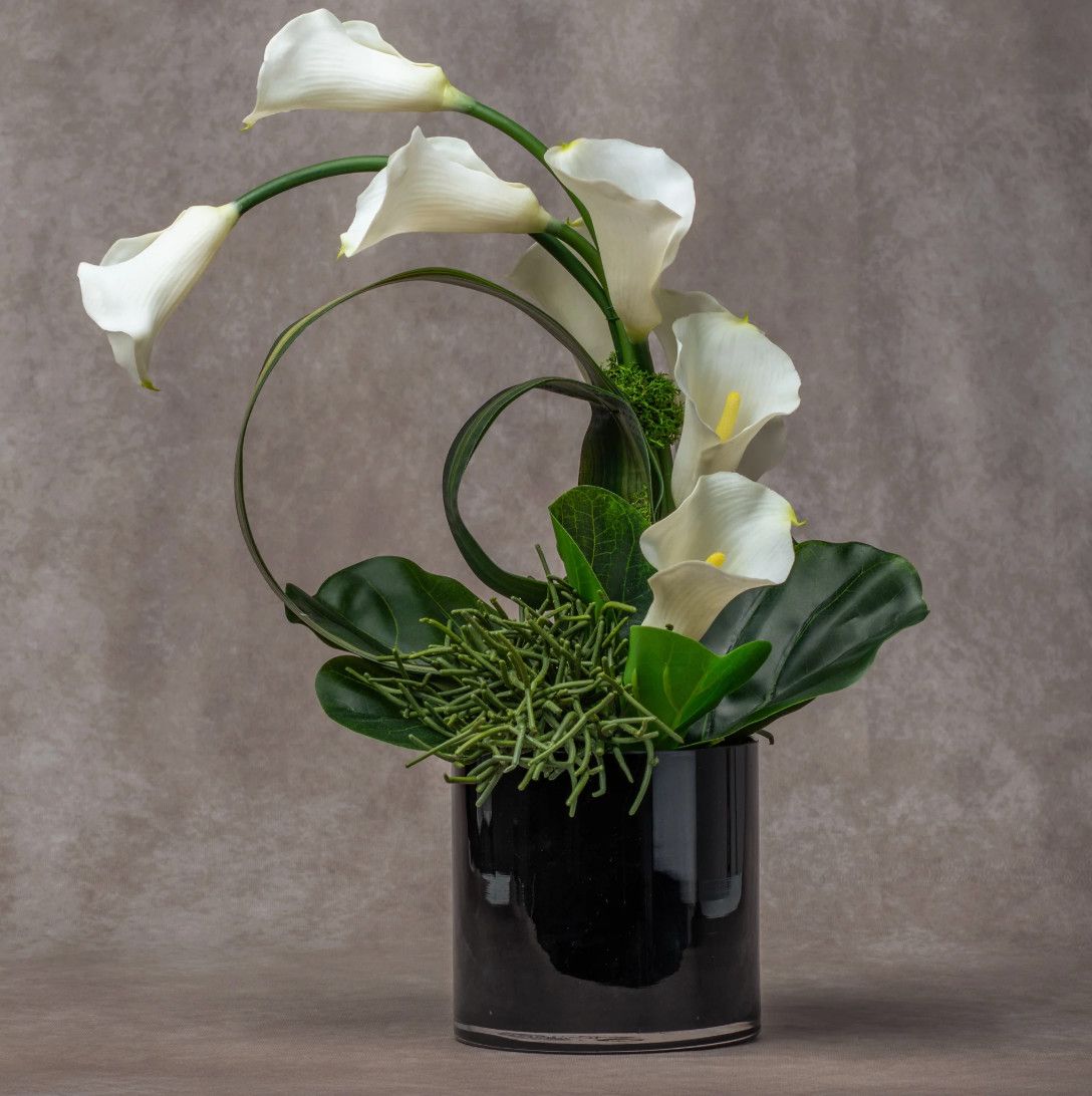 White Calla Lillies, 13&quot;L x 16&quot;W x 16&quot;H, Black Glass Vase