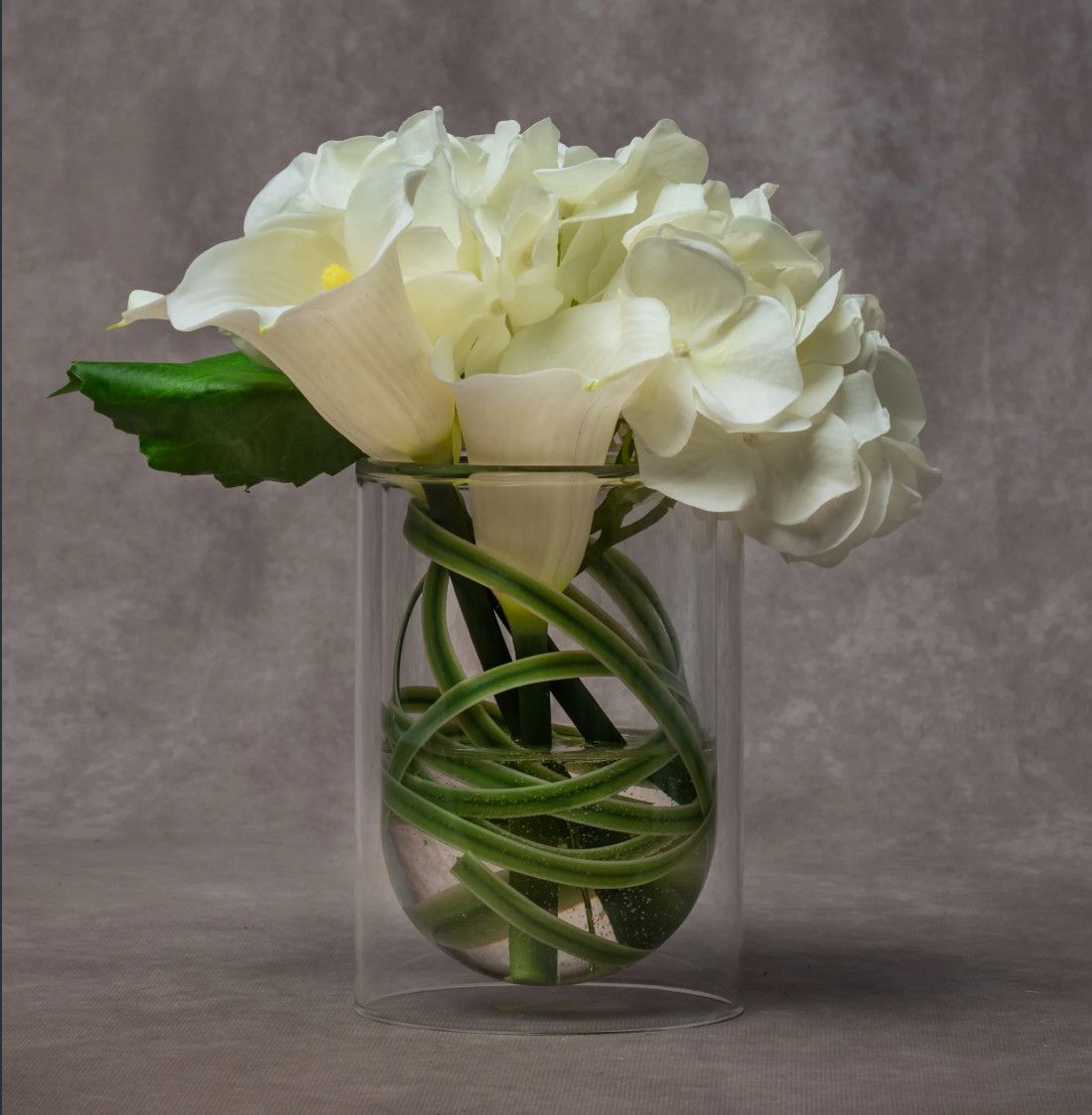 White Hydrangeas &amp; Cala Lillies, 8&quot;L x 8&quot;W x 7.5&quot;H, Glass Double Walled Vase with Water