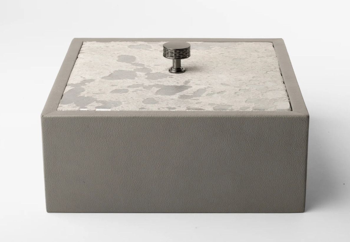 Box, Square, Smooth Gray Leather Finished with Hide