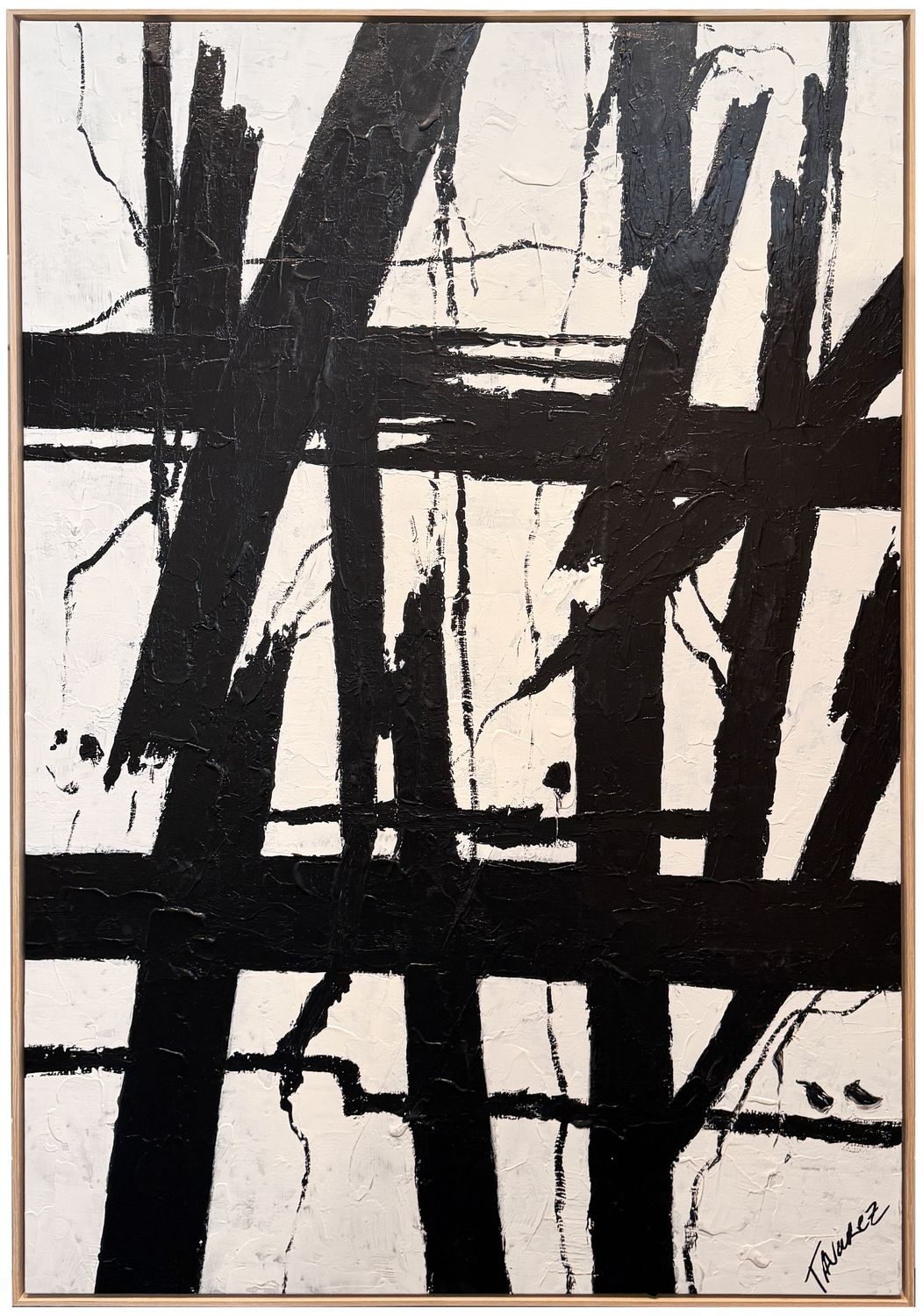 Original Art, Black &amp; White Abstract, 40&quot; x 60&quot;, Bleached Wood Frame