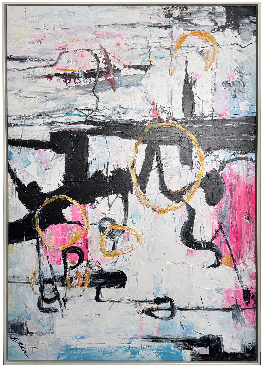 Original l Art, Abstract Gold Circles, Pink/Blk/Wh/Blu, 40 &quot; x 60&quot;