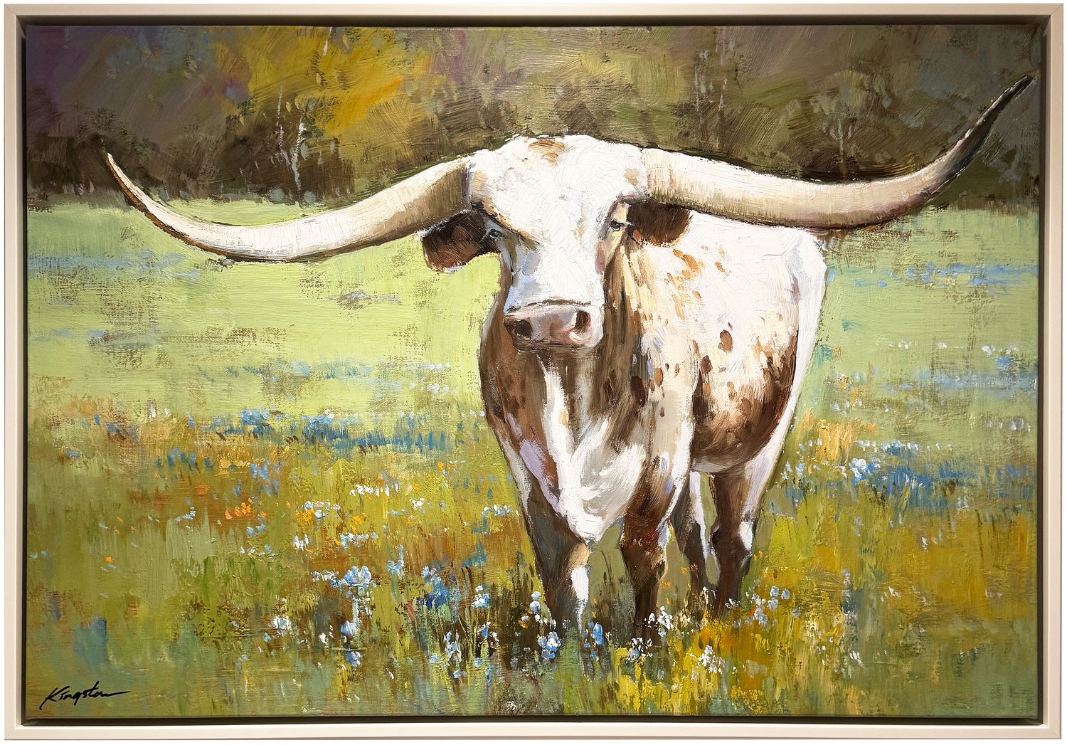 Original Art, 24x36, White Frame, Longhorn in Field