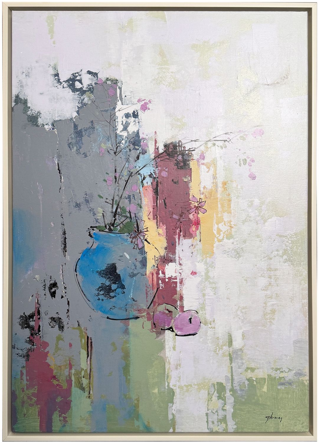 Original Art, 24x36, White Frame, Abstract Pot and Tray with Fruit, Greys