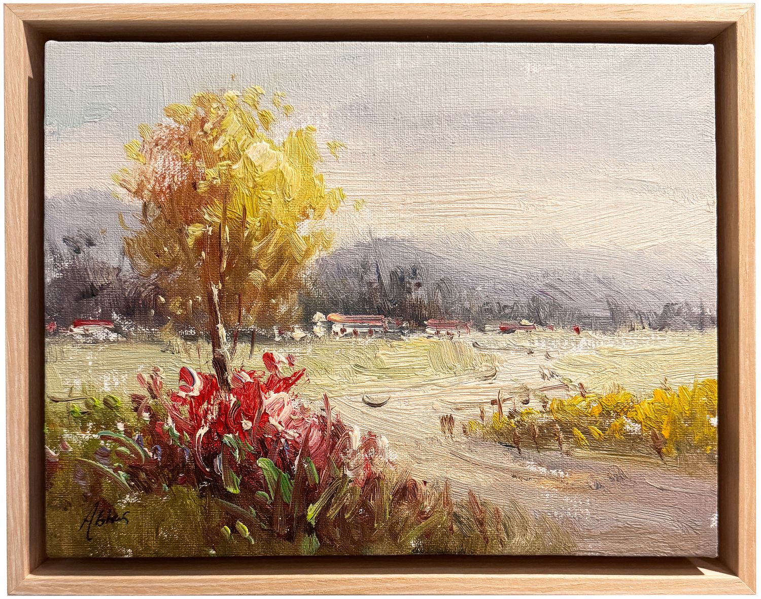 Original Art, 8x10, White Frame, Abstract Landscape with Tree and Homes
