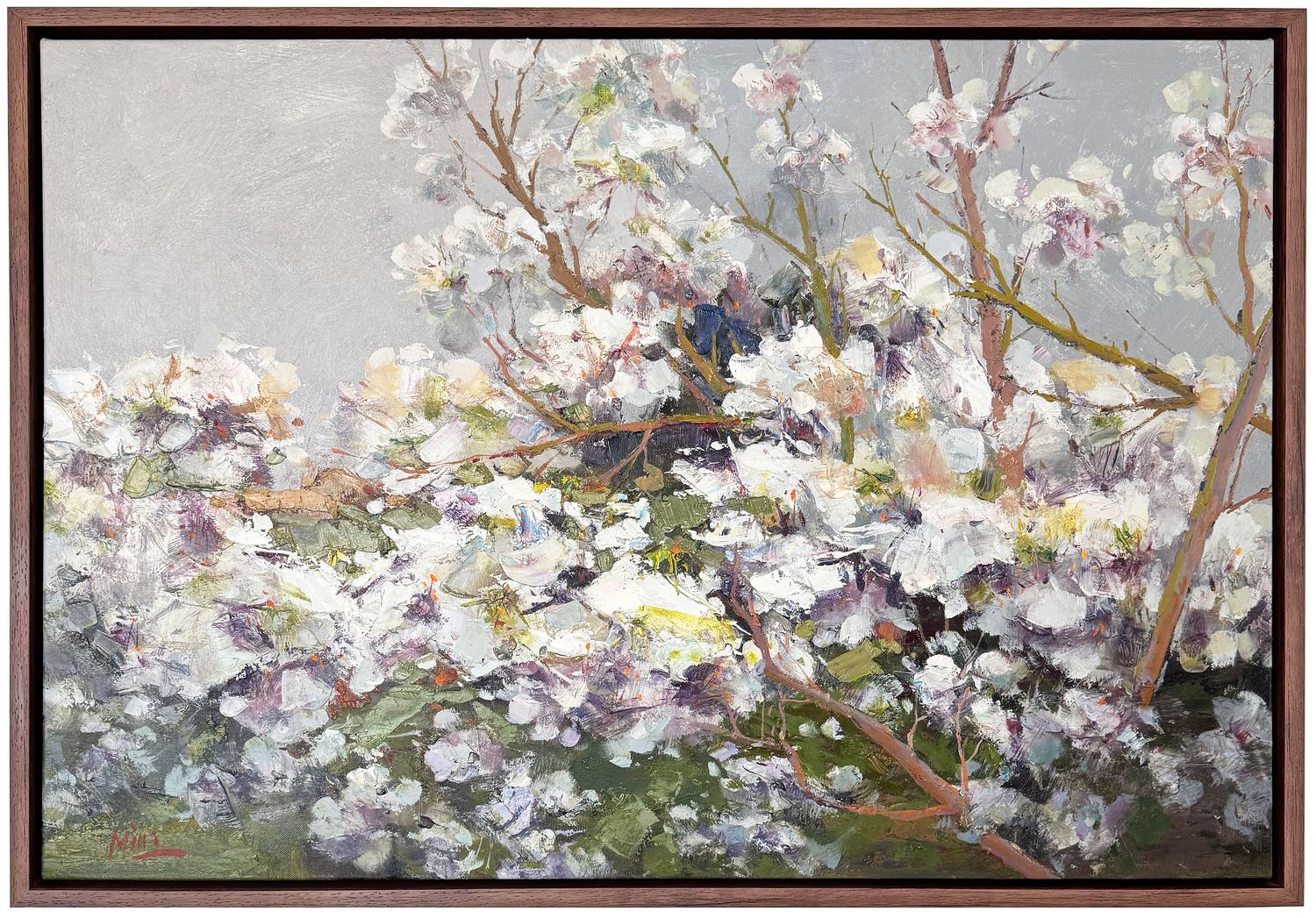 Original Art, 24x36, Brown Frame, Trees with Flowers