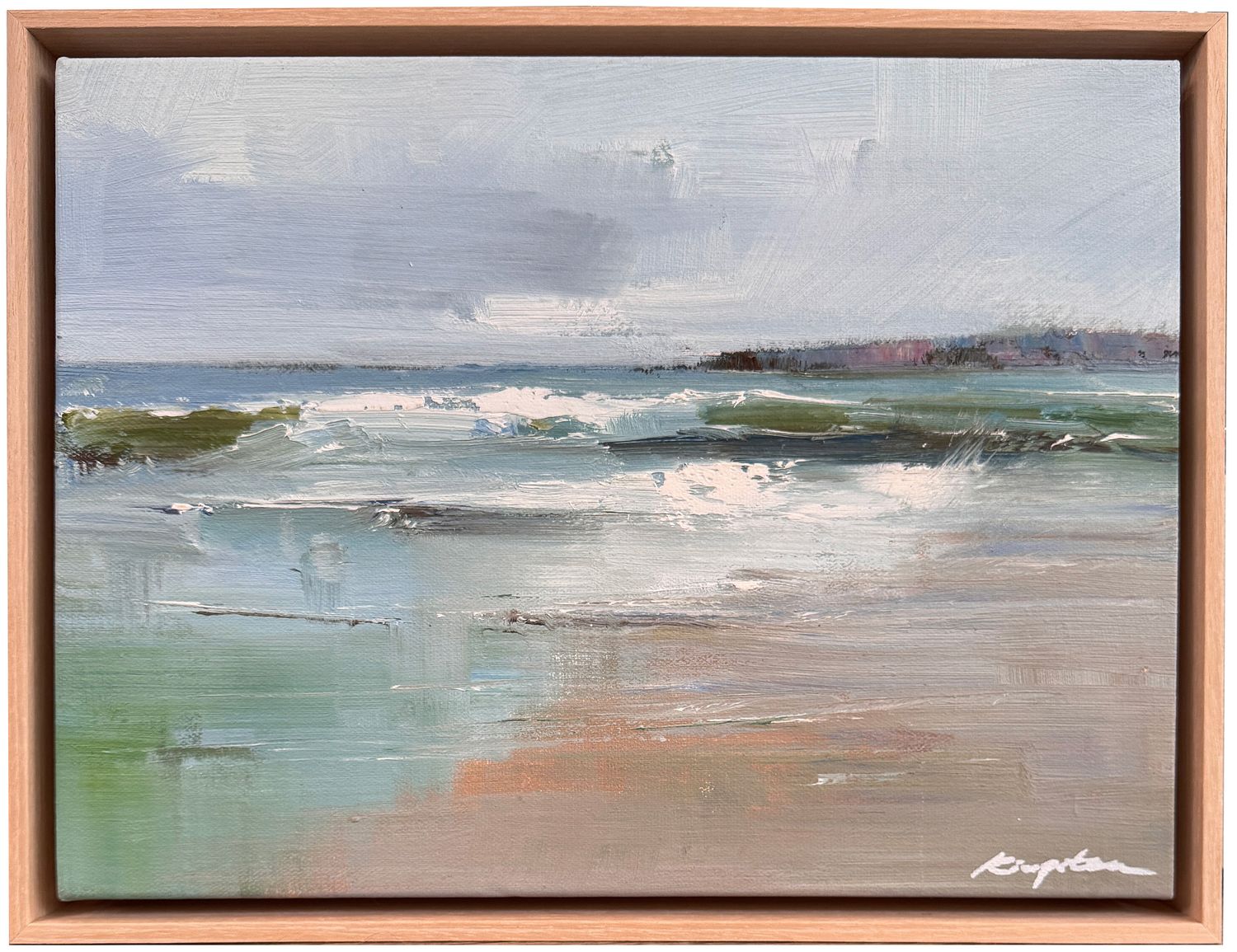 Original Art, 12x16, White Frame, Beach with Waves, Blue and Greens