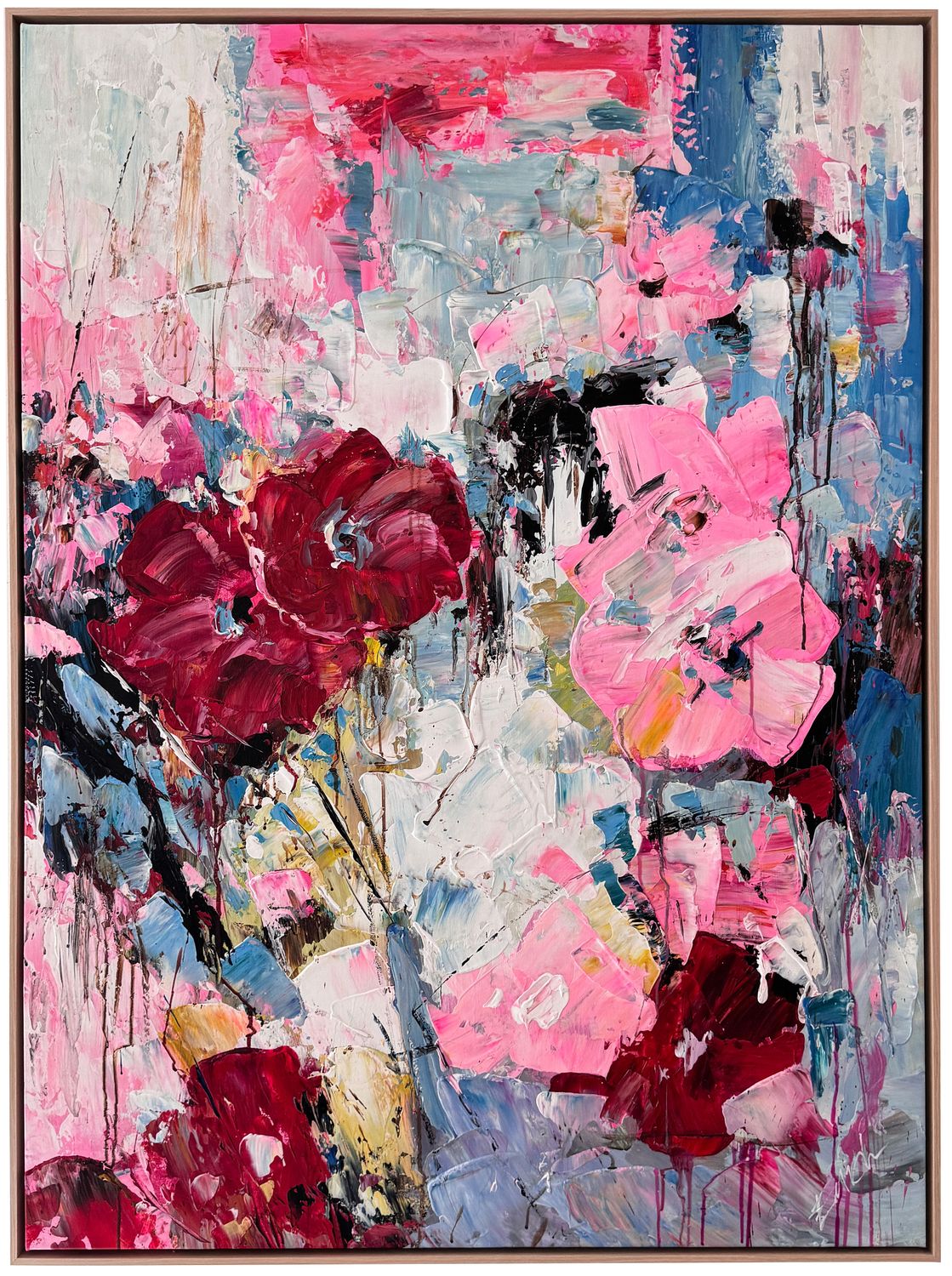 Original Art, 36x48, Natural Frame, Vibrant Abstract Flowers