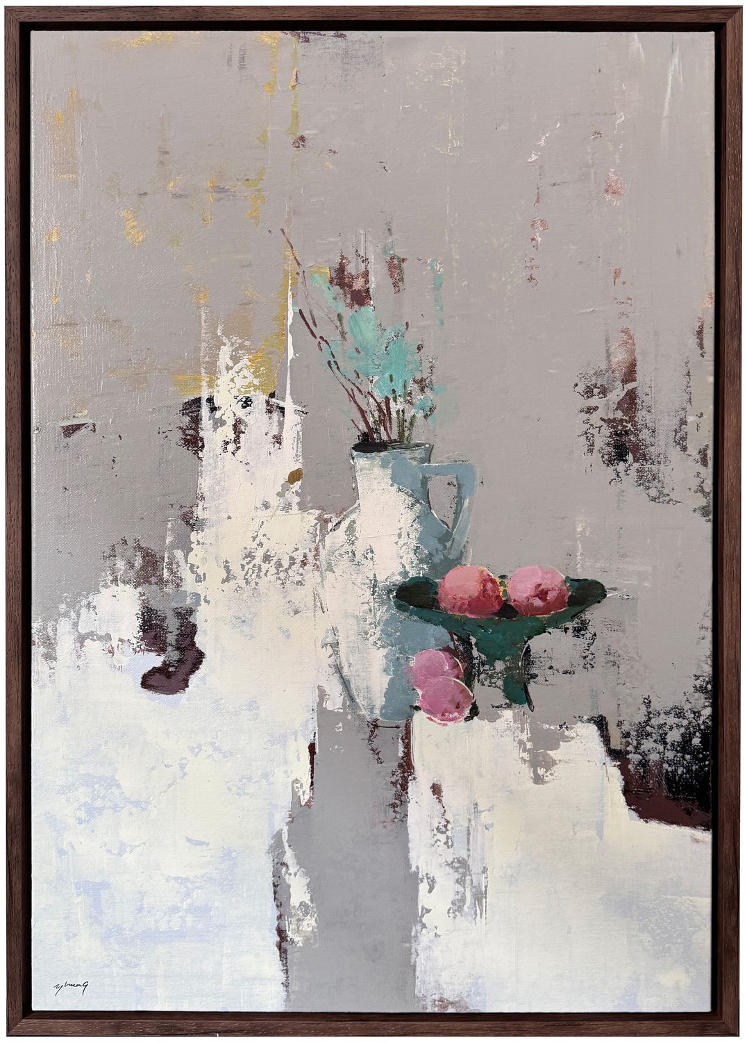 Original Art, 24x26, Brown Frame, Abstract Vase and Fruits