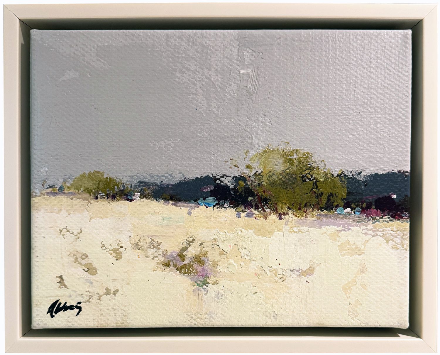 Original Art, 8x10, Field with Trees in Area, Ivory Lacquer Frame