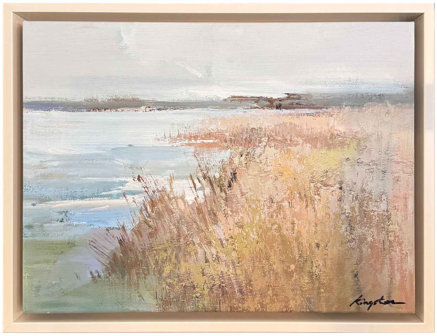 Original Art, 12x16, Marshy Bay with Blue Waters, Natural Wood Frame