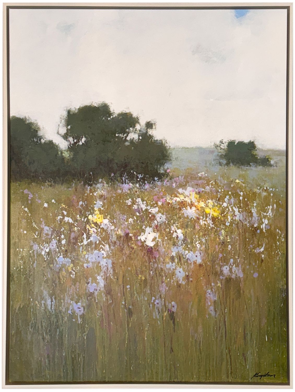Original Art, 36x48, White Frame, Landscape with Colorful Flowers and Foliage