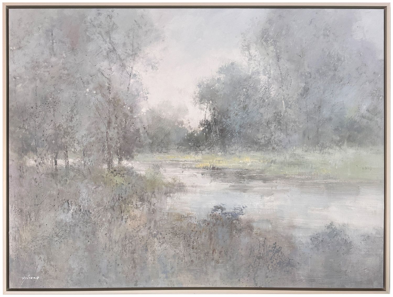 Original Art, 36x48, White Frame, Landscape with River and Trees