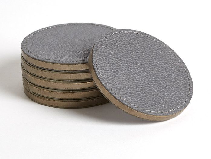 Coasters, Leather, Set/6, Dark Grey/Black Oak with Antique Bronze, 4&quot; Diameter