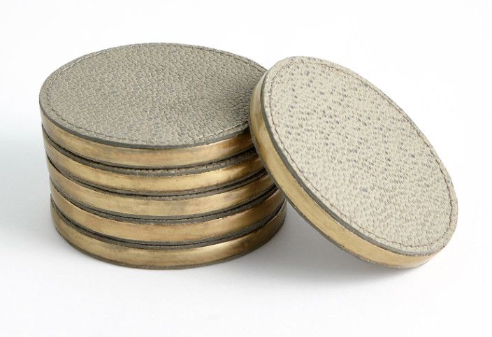 Coasters, Leather, Set/6 Tan/Grey Oak with Antique Bronze, 4&quot; Diameter