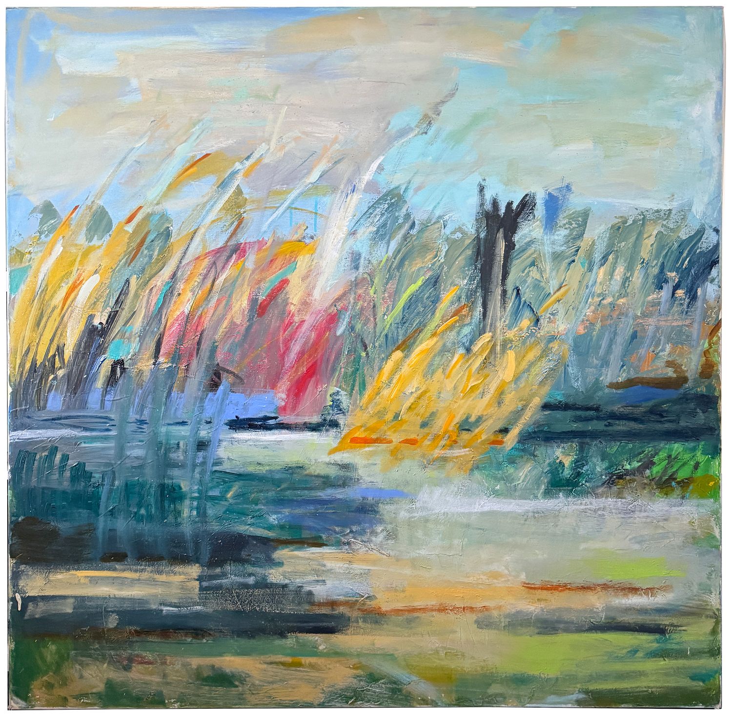Original Art, Mixed Media, 48&quot; x 48&quot; Sholeh Janati, Modern Landscape, Framed