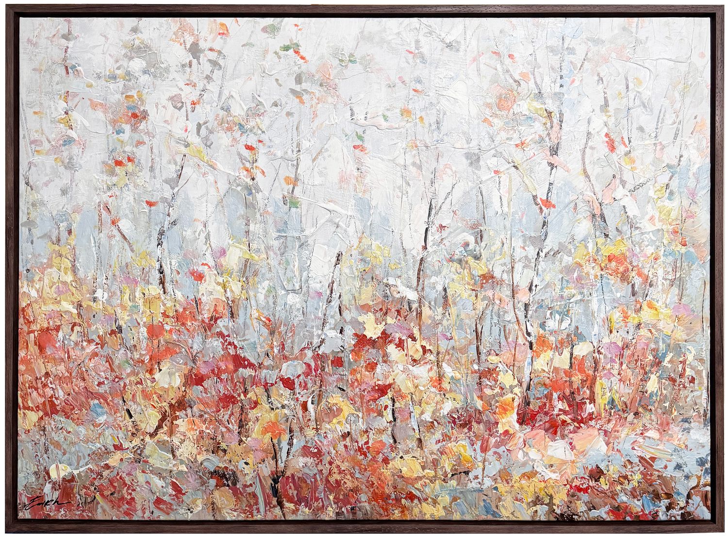 Original Art, 36x48, Natural Frame, Abstract Floral with Reds and Yellows