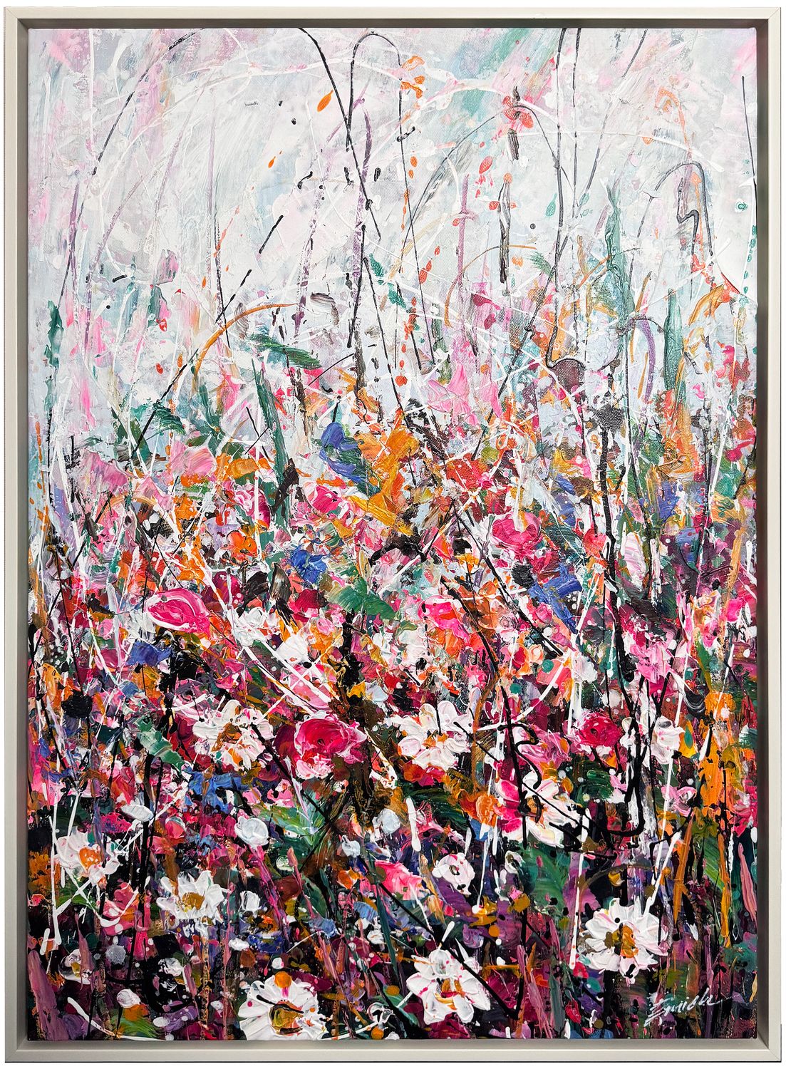 Original Art, 24x36, White Frame, Abstract Floral, Bright