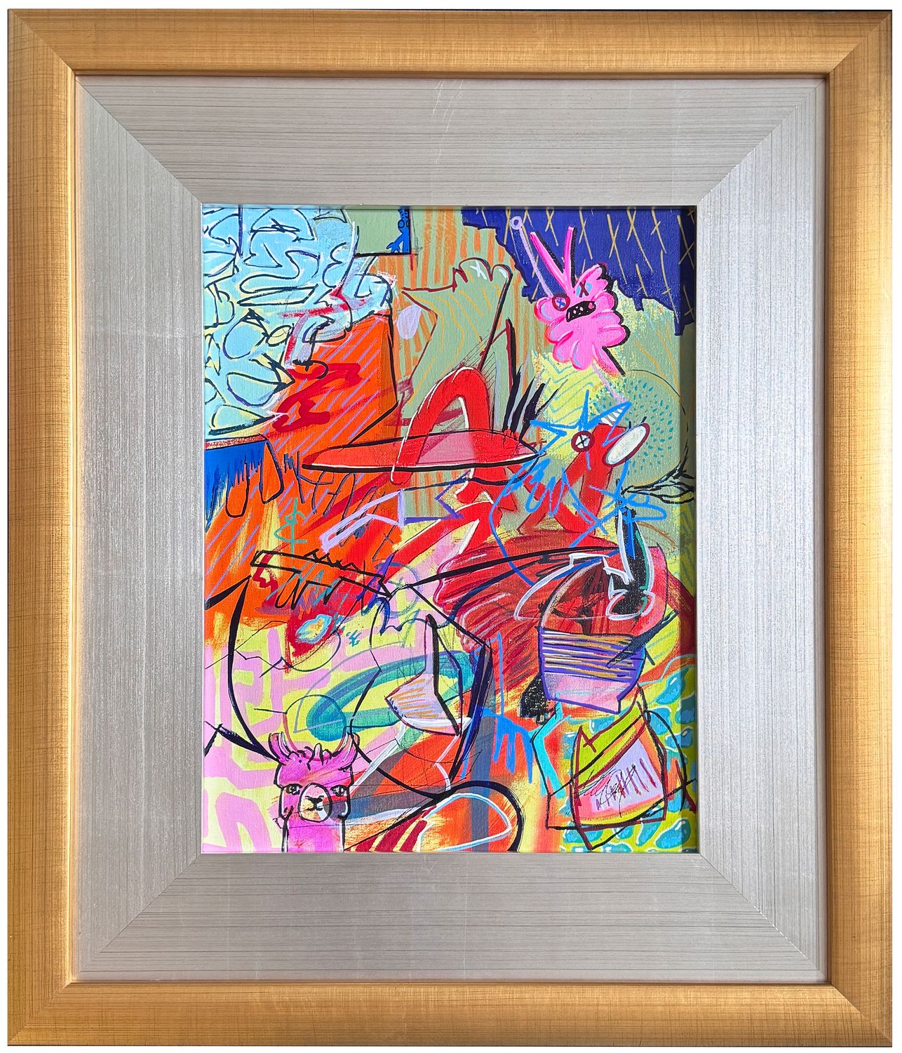 Original Art, &quot;Happy Llama, Happy Life&quot;, 12&quot; x 16&quot;, Kelly O&#39;Neal Mixed Media, Gold Frame
