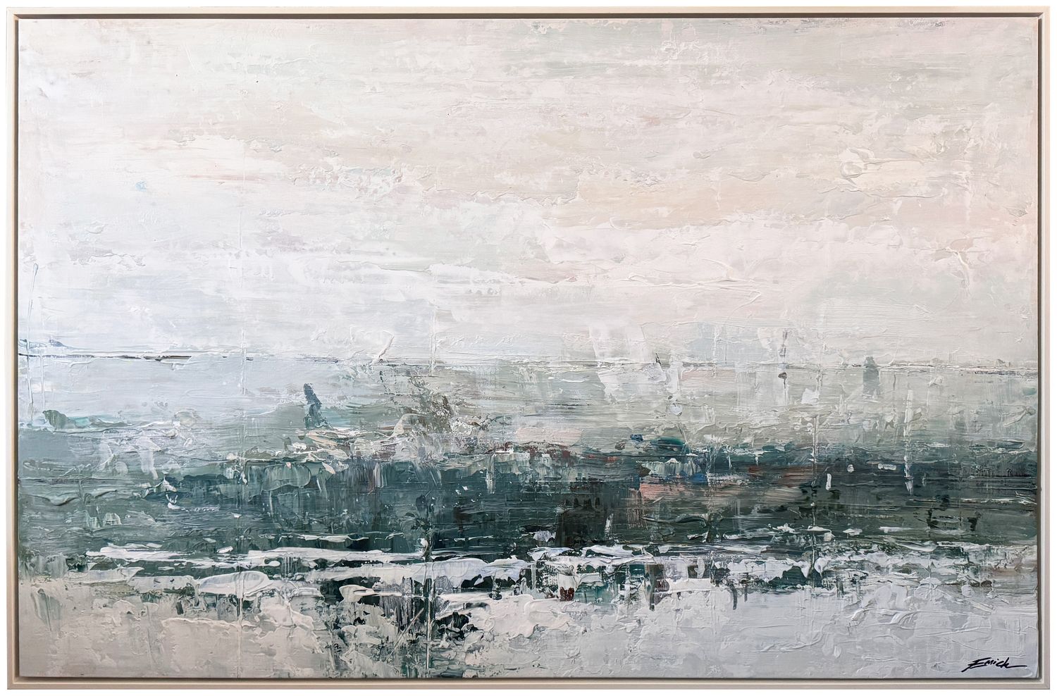 Original Art, Abstract Landscape Green, Horizontal, 40&quot; x 60&quot;, Ivory Lacquer Frame