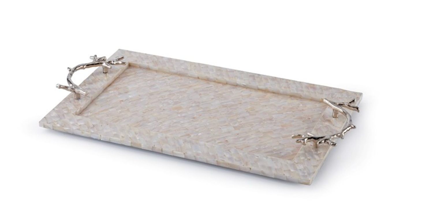Mother of Pearl Tray with Silver Coral Handles, 13&quot;x20&quot;