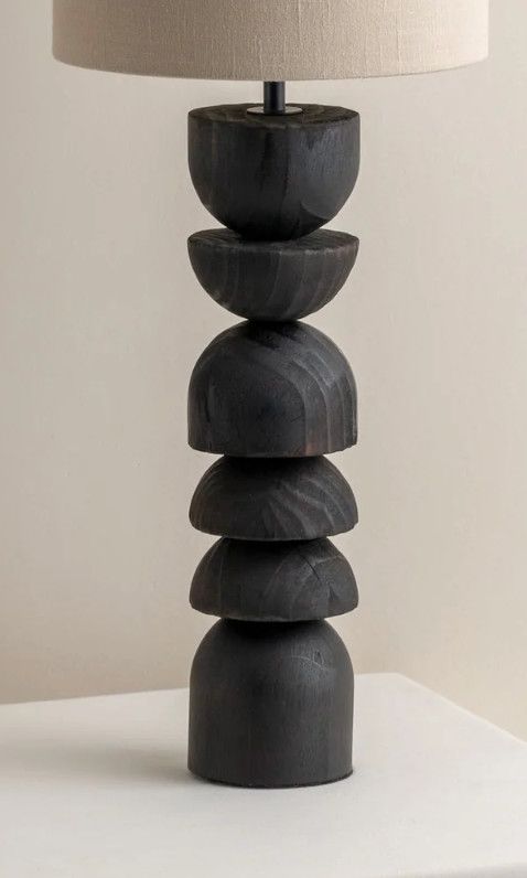 Lamp, Charred Geometric Wood, Linen Shade, Linen Shade