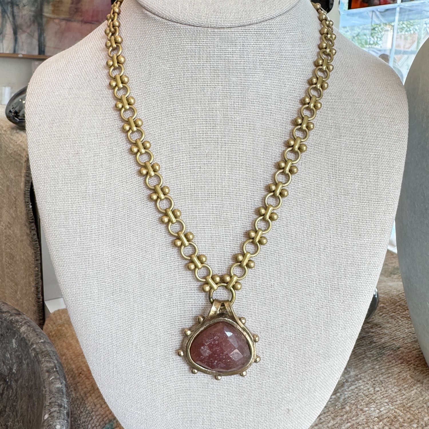 Necklace, Rose Cut Strawberry Quartz set in Granulated Detail Bronze Pendant