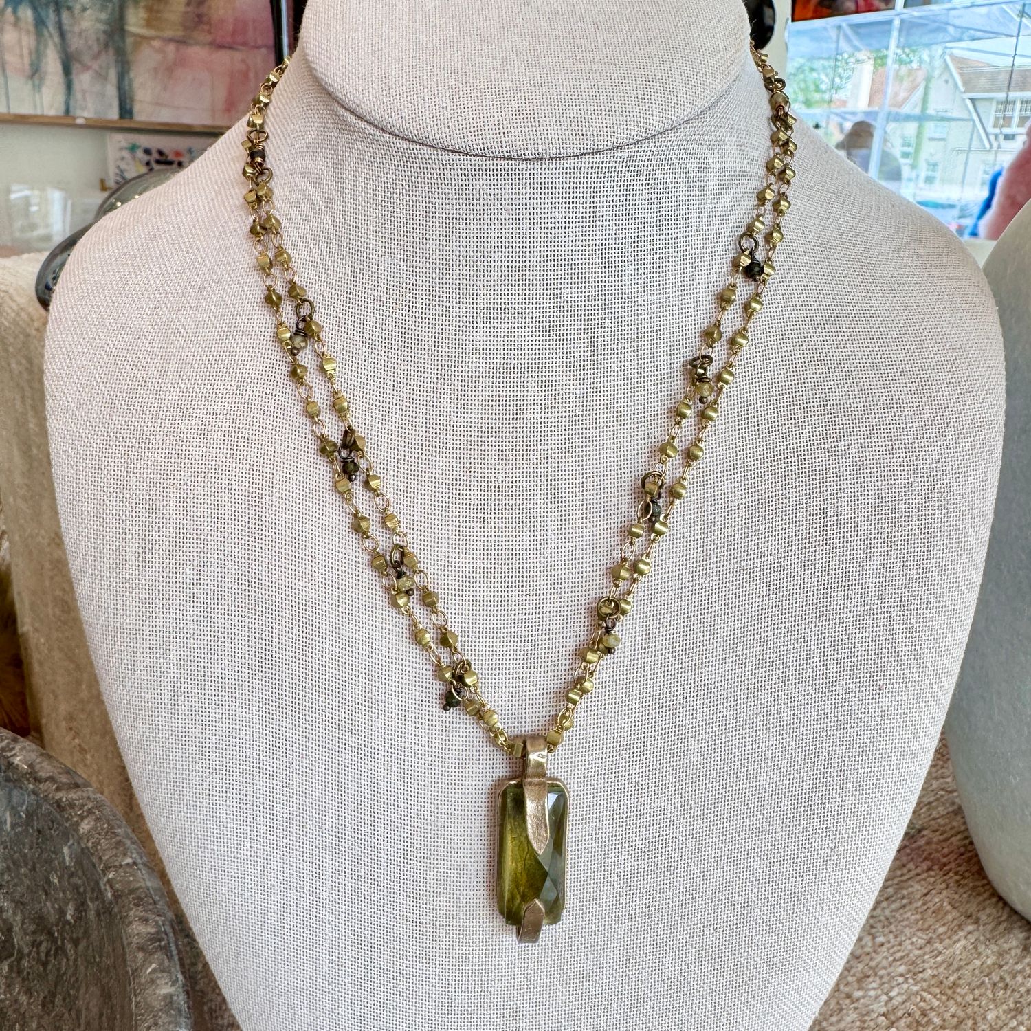 Necklace, Green Rectangle Amethyst and Sapphire Beads, 16&quot; Gold Tone Chain