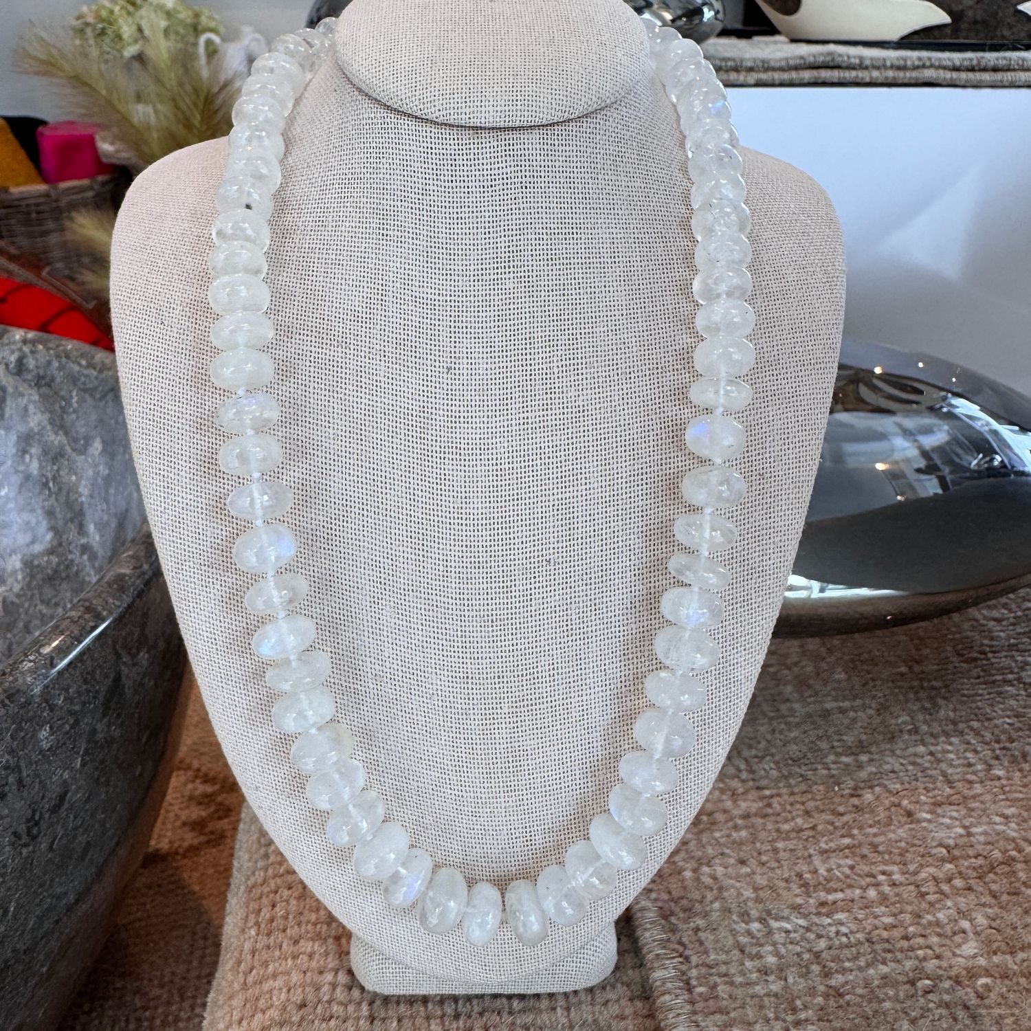 Rainbow Moonstone Necklace With Diamond Lobster Claw Clasp, 15&quot;