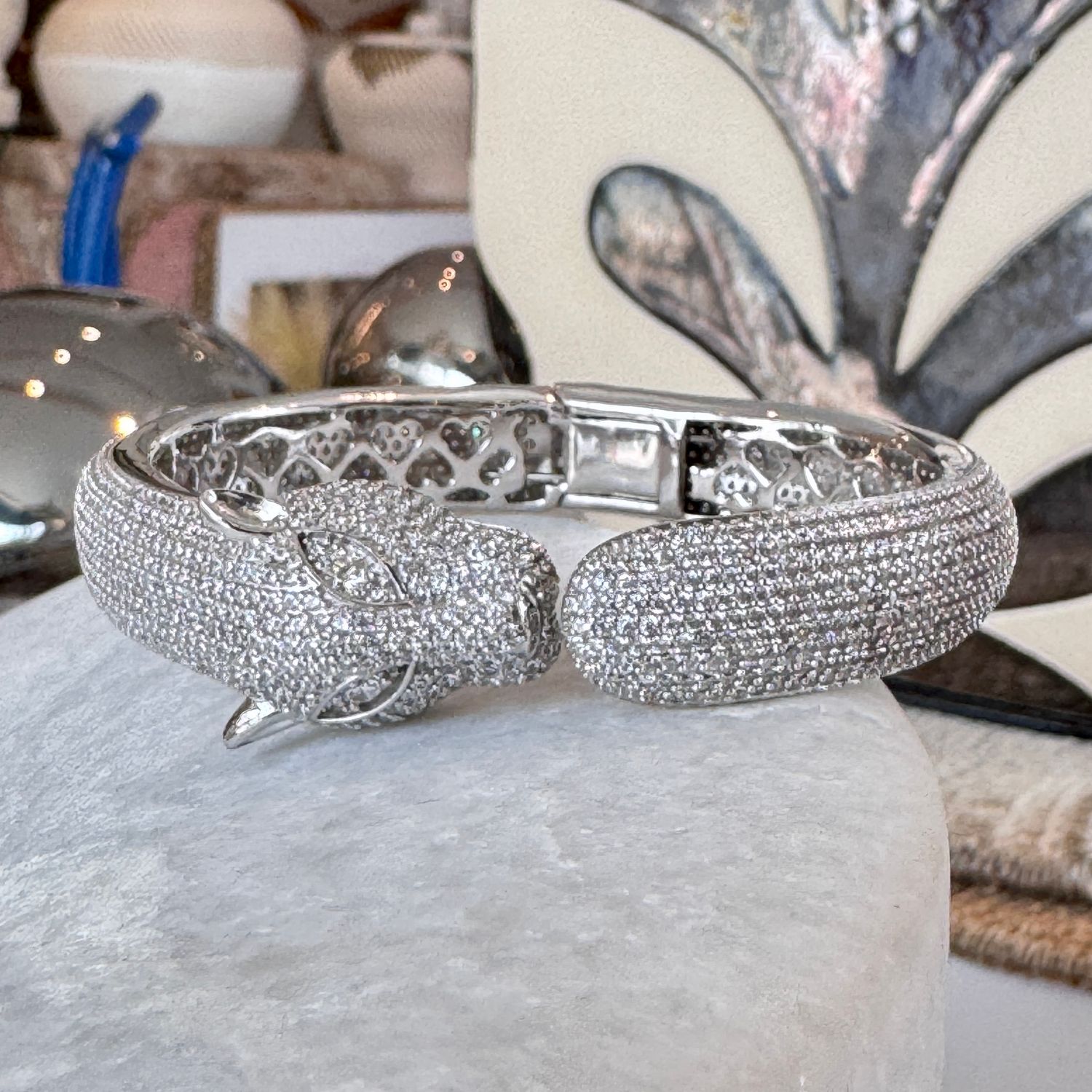 925 Silver Leopard Bracelet with CZ, Hinged Bangle