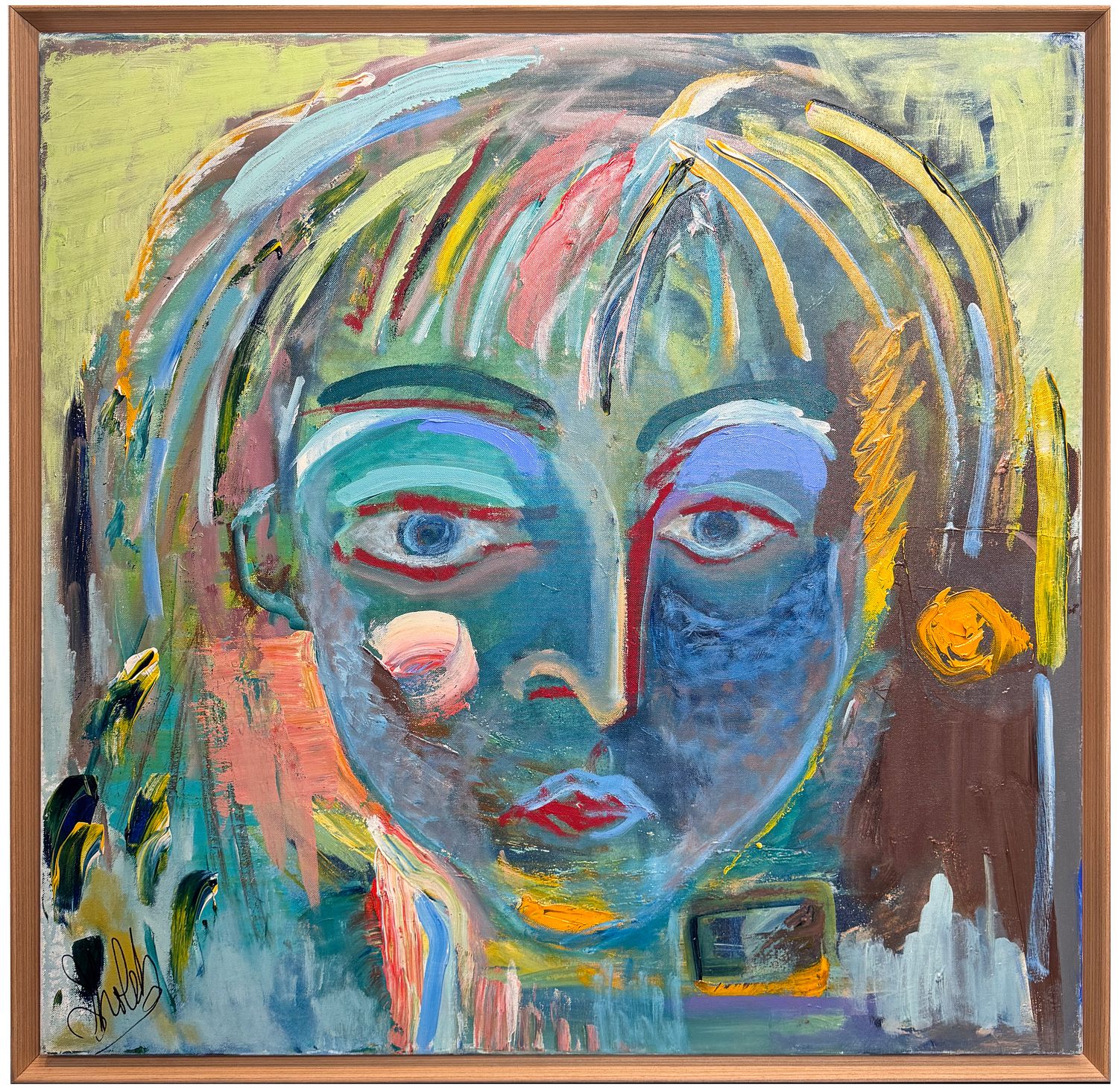 Original Art 36&quot; x 36&quot; by Sholeh Janati, &quot;Woman of Strength&quot;, White Oak Frame, Mixed Media on Canvas